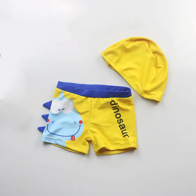 Cartoon Dinosaur Swim Trunks with Cap for Boys