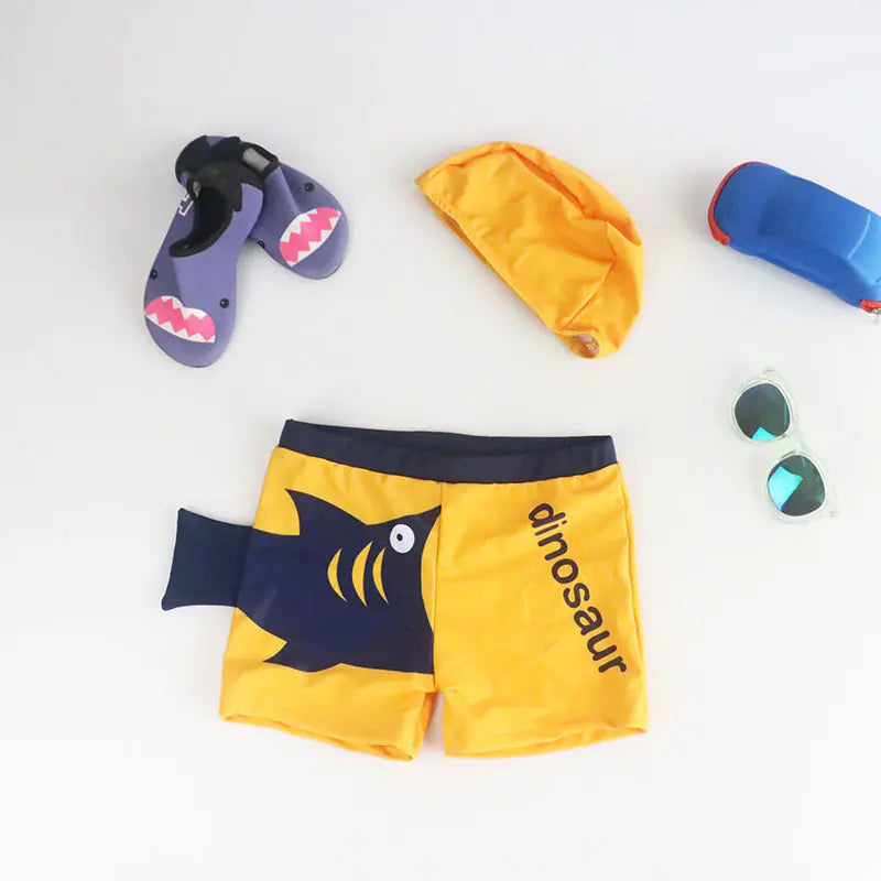 Cartoon Dinosaur Swim Trunks with Cap for Boys