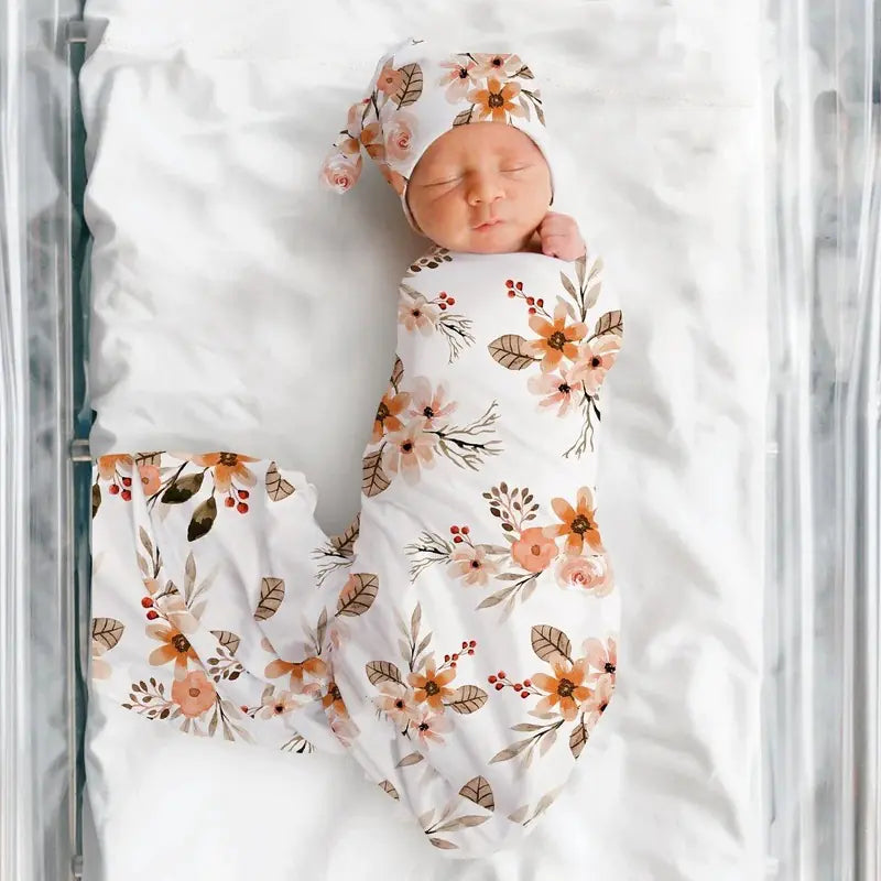 3-Piece Floral Swaddle and Cap Set