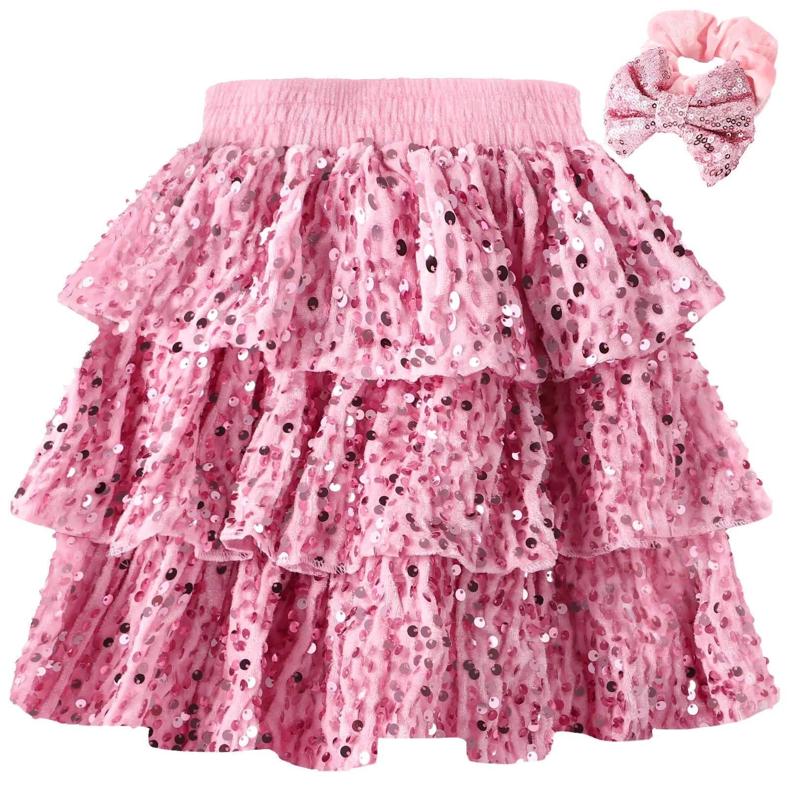 Girls Sequin Skirt 3-Layer Ruffle Skirts Elastic Waist Sparkle Metallic Tulle Skirts with Hair Scrunchies for Girls 6-14Y