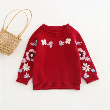 2019 Hand-Knit Floral Sweater for Baby Girls