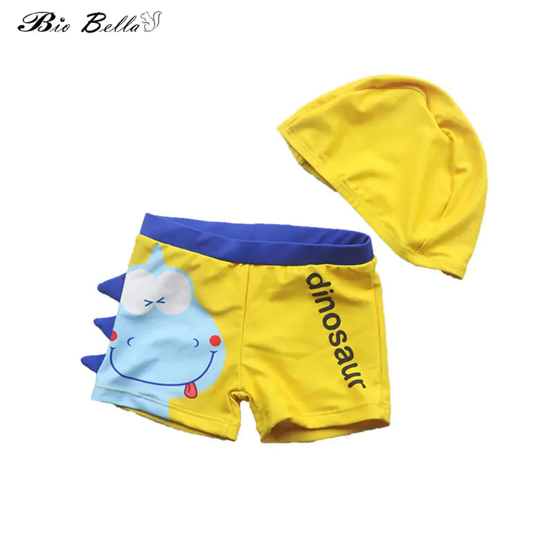 Cartoon Dinosaur Swim Trunks with Cap for Boys