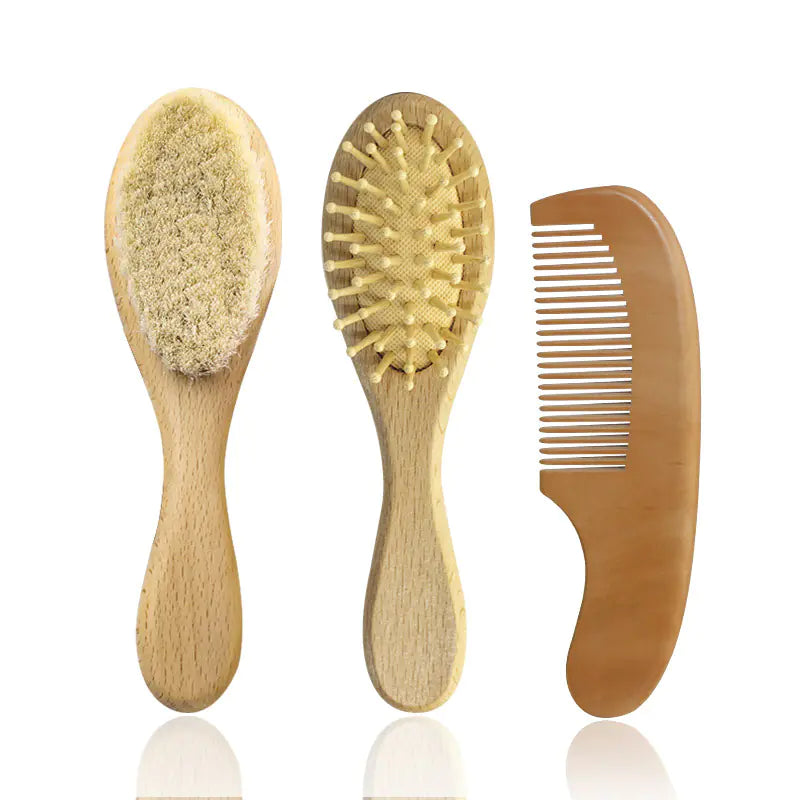 Baby Bath Care Soft Wool Brush Set with Beech Wood Comb