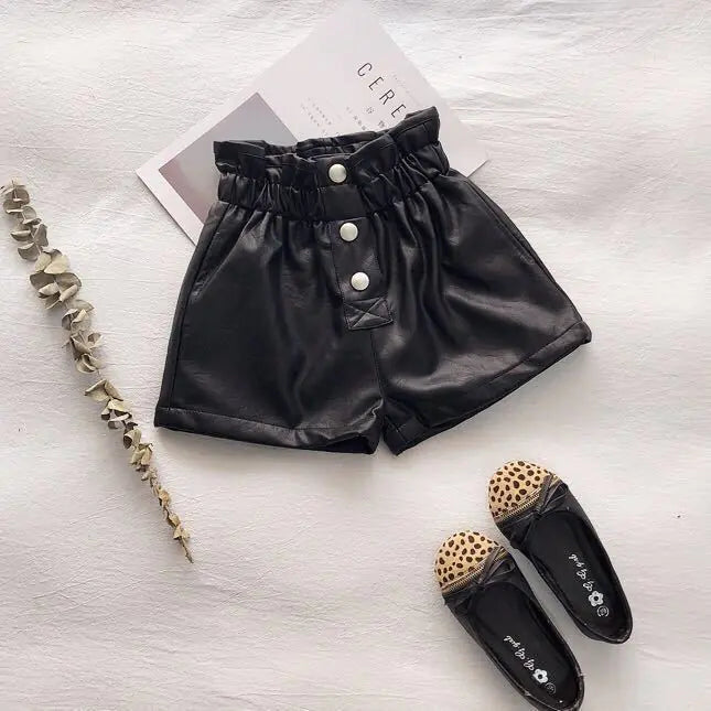Girls' High Waist Leather Fleece-Lined Shorts