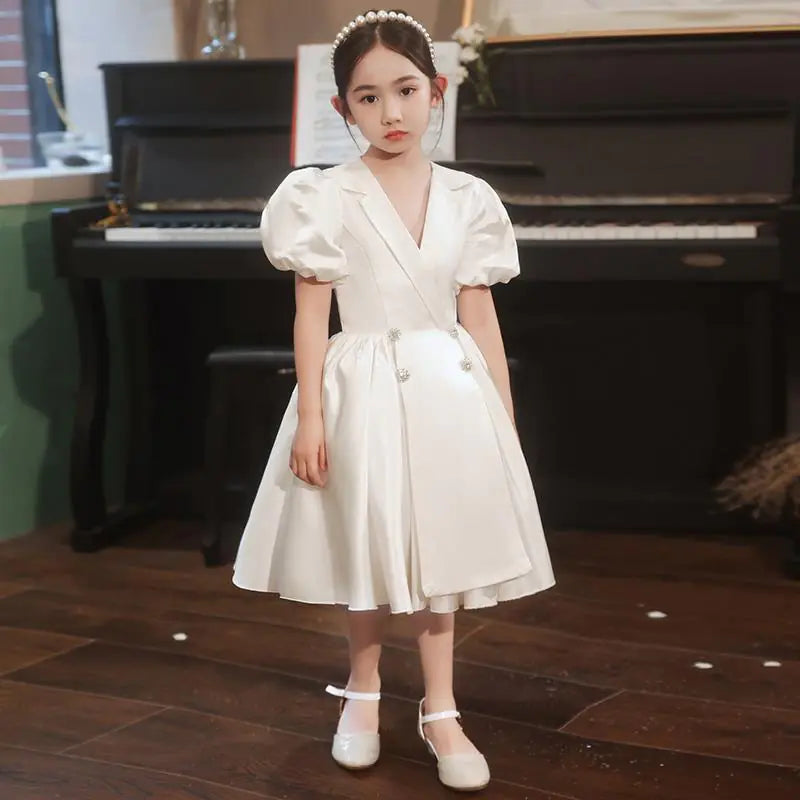 Girls' Fashion White Lapel Dress for Elegant Look