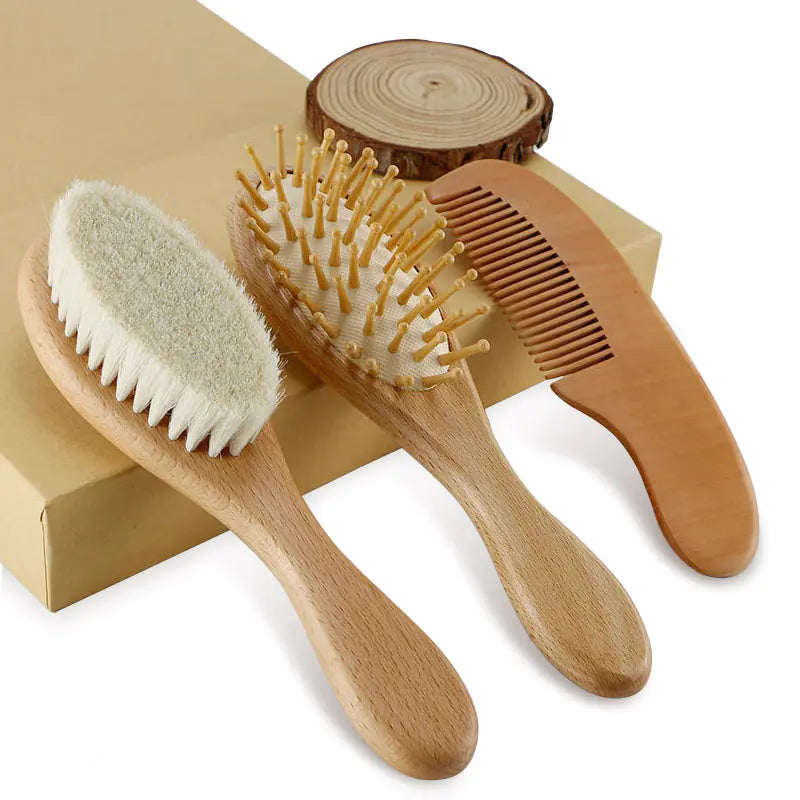 Baby Bath Care Soft Wool Brush Set with Beech Wood Comb