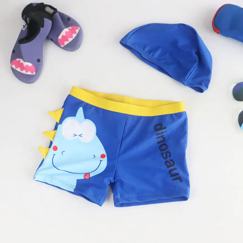 Cartoon Dinosaur Swim Trunks with Cap for Boys