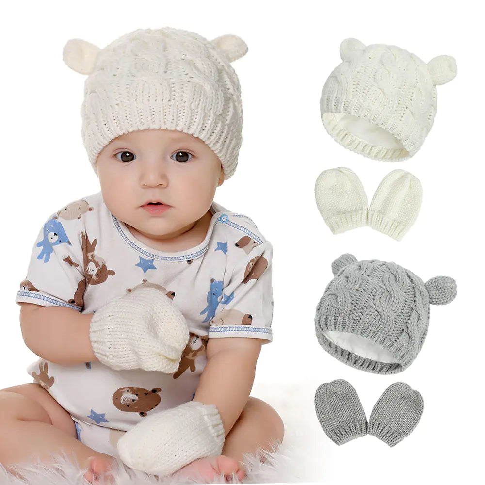 2-Pack Adorable Knitted Hat and Mittens Set for Babies