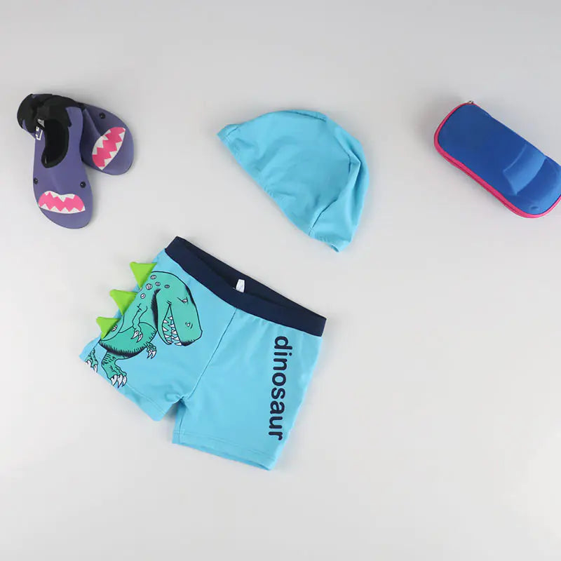 Cartoon Dinosaur Swim Trunks with Cap for Boys