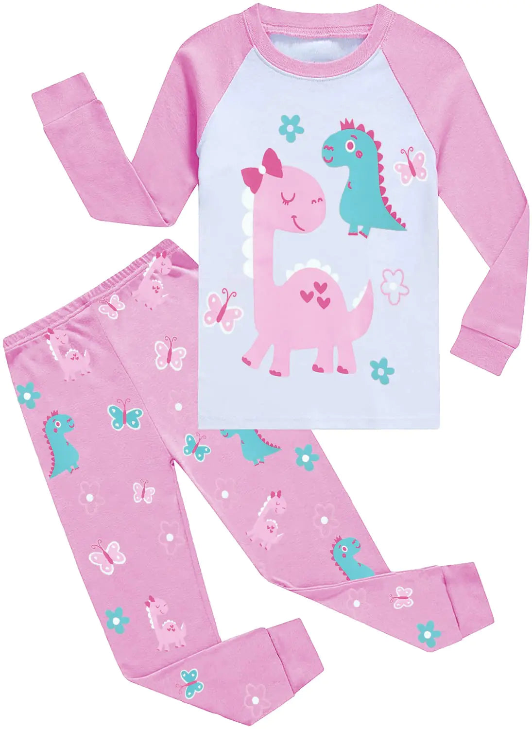 Cuddly Cotton Girls' Pajama Set with Dino Print - Pink