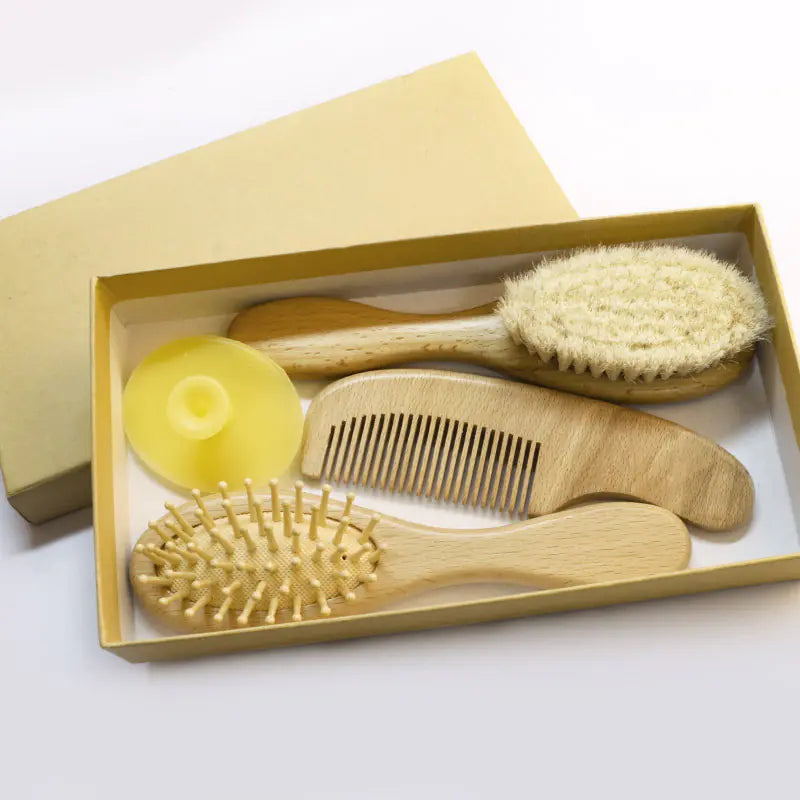 Baby Bath Care Soft Wool Brush Set with Beech Wood Comb