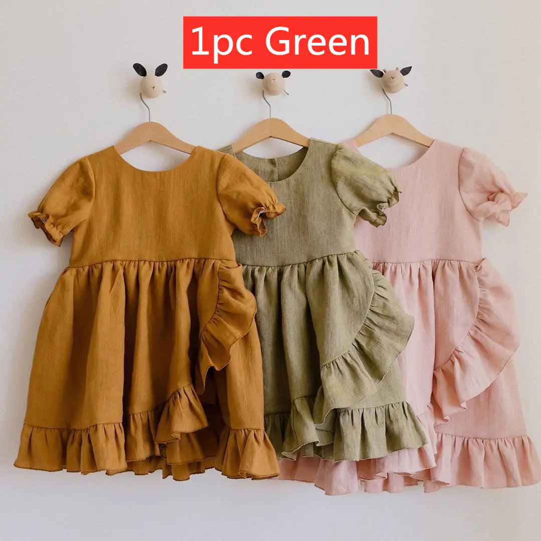 Girls' Cotton Linen Princess Dresses with Ruffles