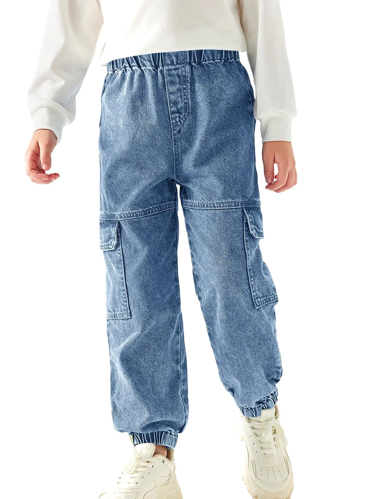 Haloumoning Boys Cargo Jeans Kids Elastic Waist Jogger Denim Pants Casual Trousers with Pockets 4-14 Years Blue