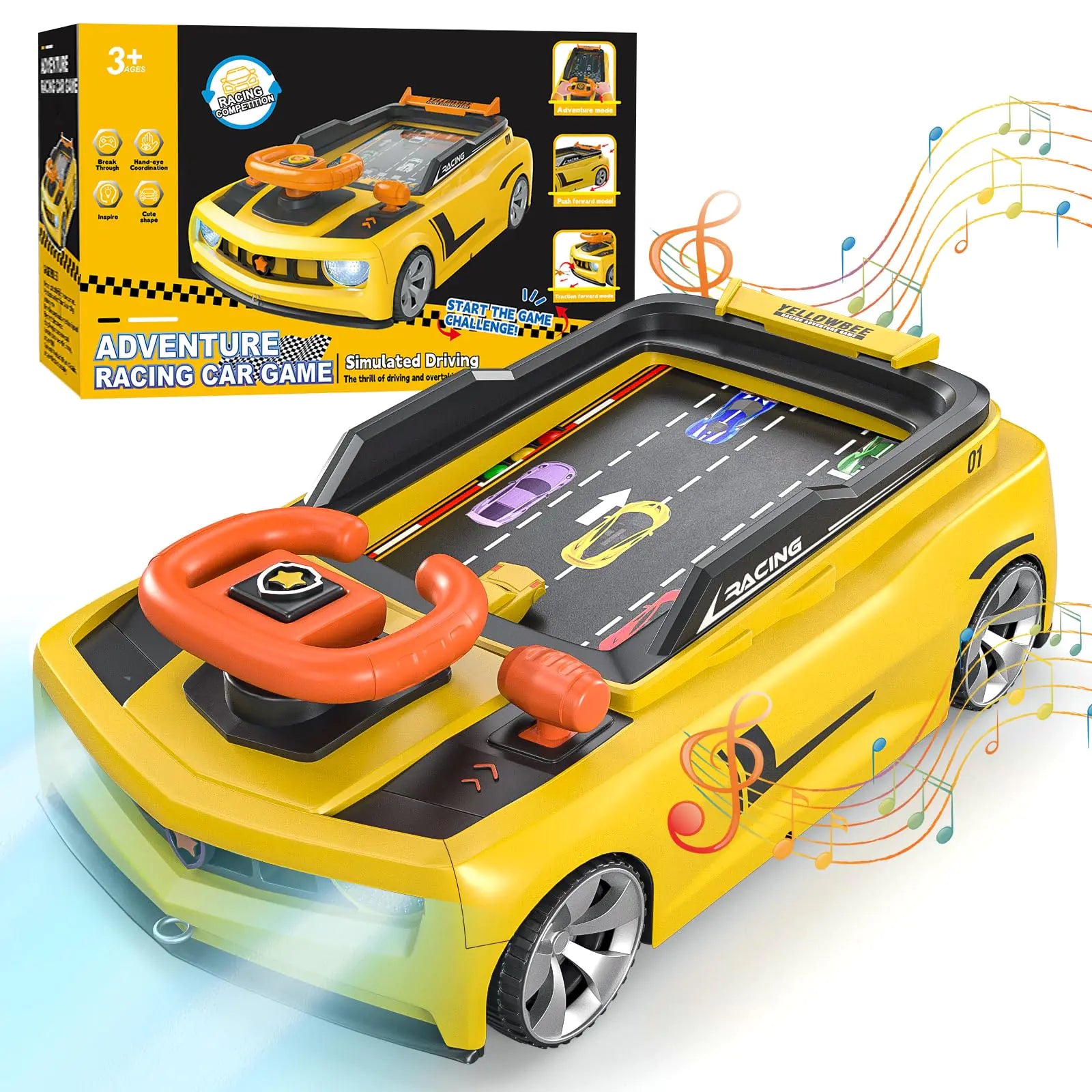 Toy racing car with steering wheel and track, next to its packaging