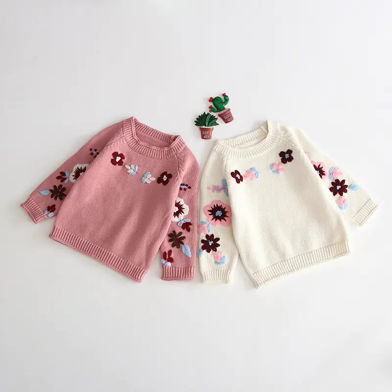 2019 Hand-Knit Floral Sweater for Baby Girls