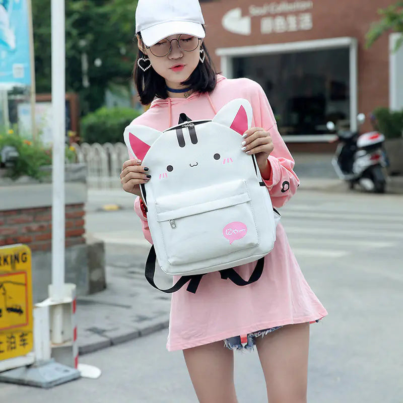Kawaii Cat Canvas Backpack for School and Travel