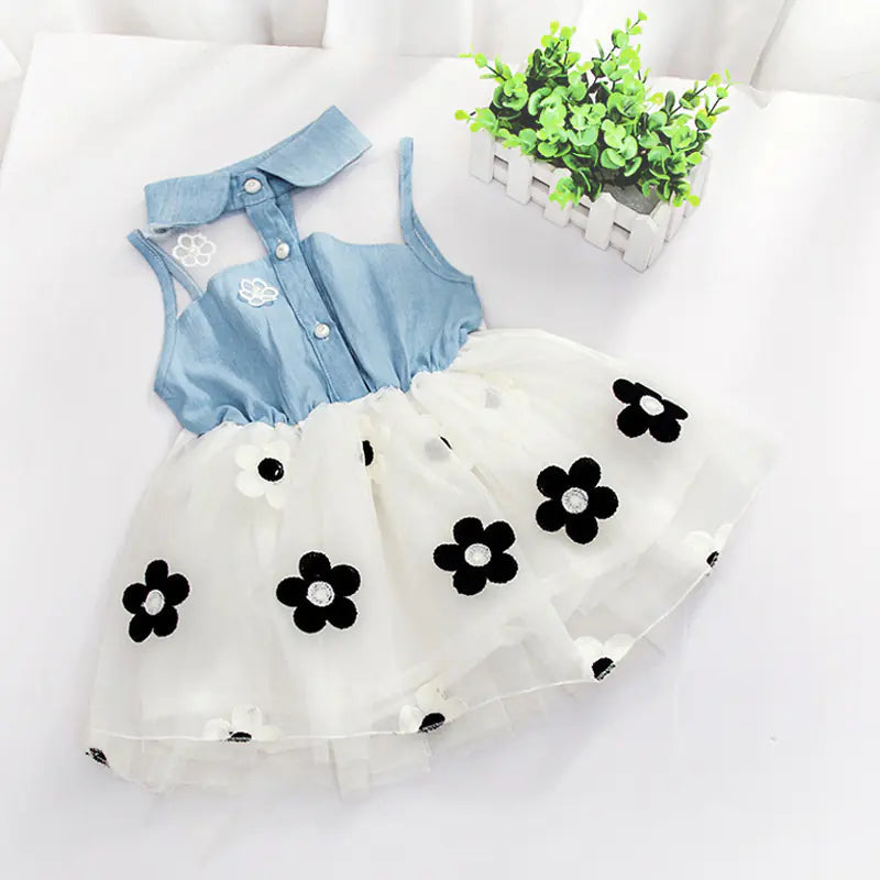 Girls' Summer Korean Denim and Flower Mesh Skirts