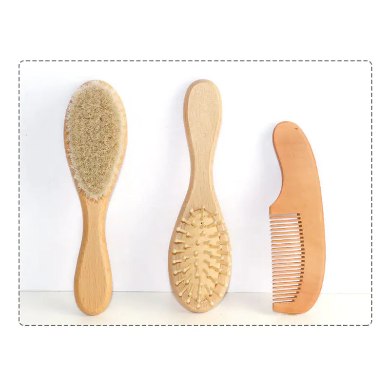 Baby Bath Care Soft Wool Brush Set with Beech Wood Comb