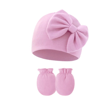Pink Bow Newborn Cap & Mittens Set