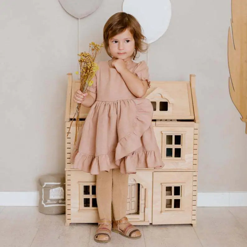 Girls' Cotton Linen Princess Dresses with Ruffles