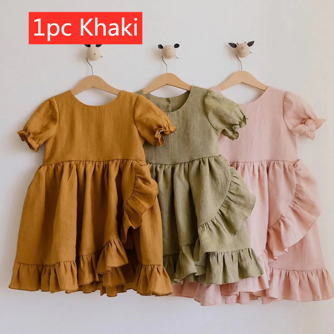 Girls' Cotton Linen Princess Dresses with Ruffles
