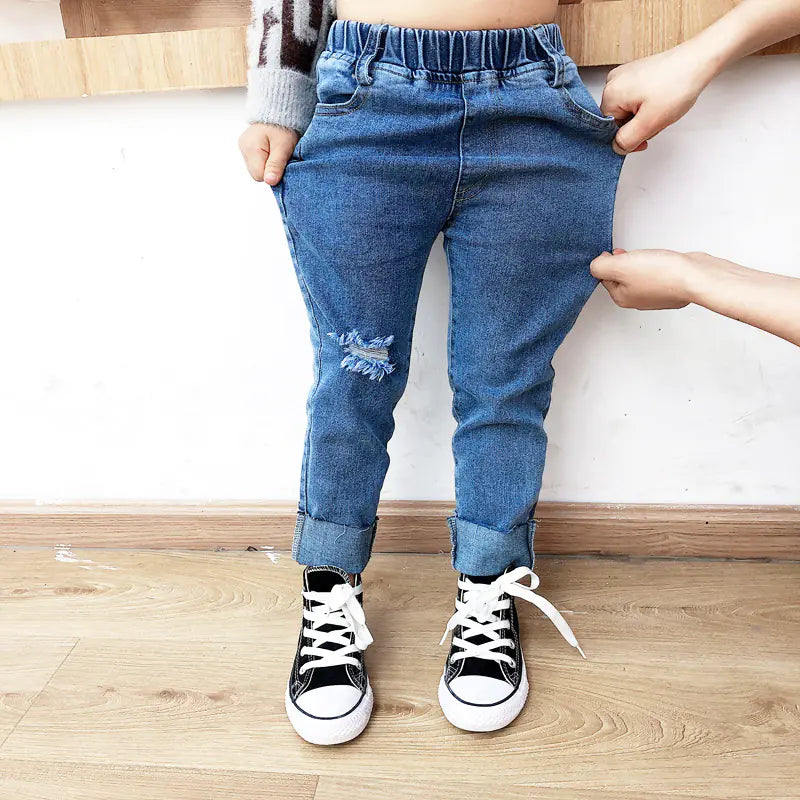 Boys Raw Edge Stretch Denim Ripped Jeans Trousers