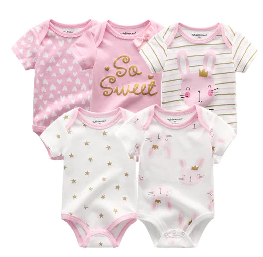 Baby Bodysuit Set - Short Sleeve Cotton Rompers (5 Pcs)