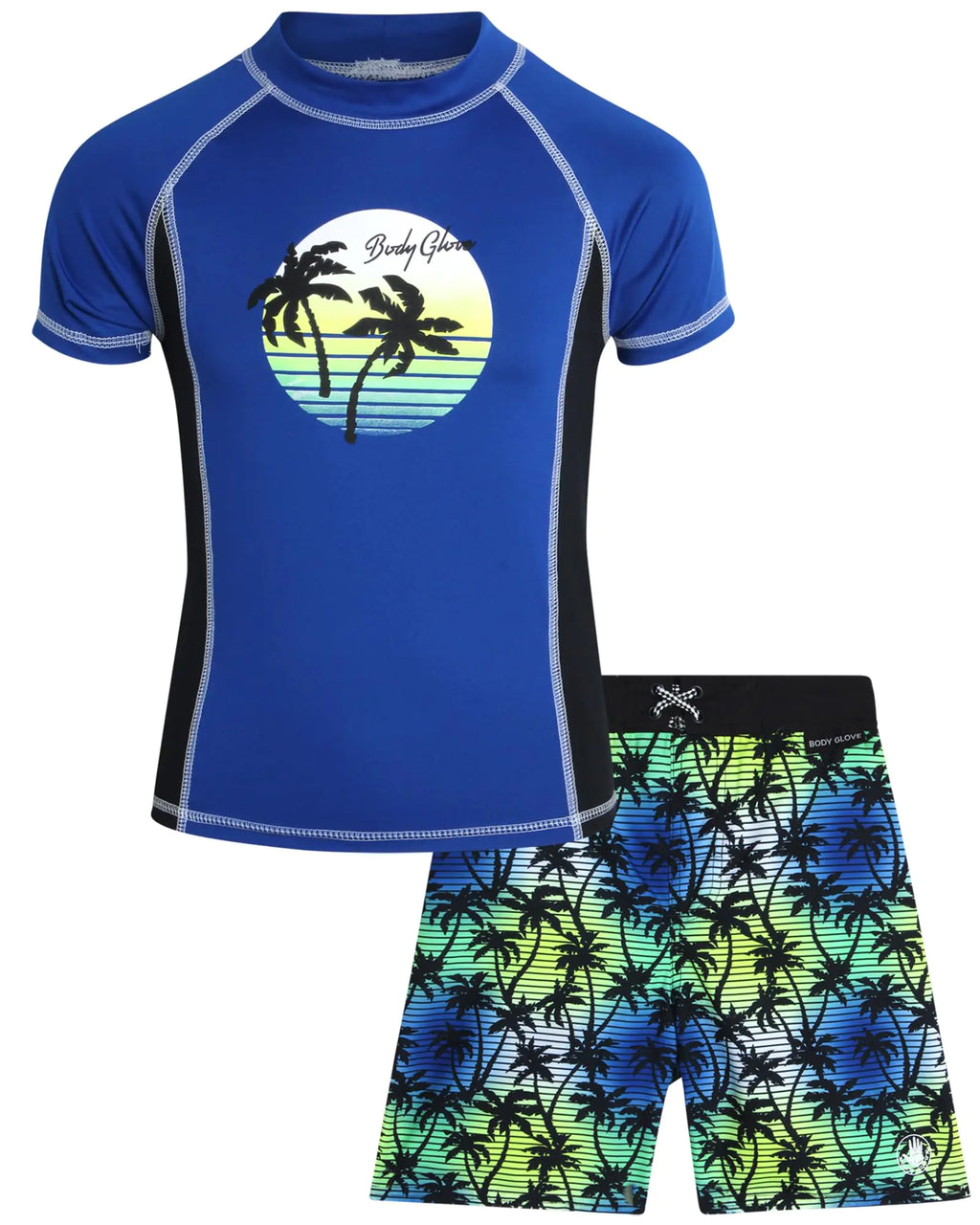 Body Glove Boys’ Rash Guard Set – UPF 50+ Swim Shirt and Bathing Suit Trunks – Swimwear Set for Boys (4-12) Size 7 Royal Blue Palm Trees