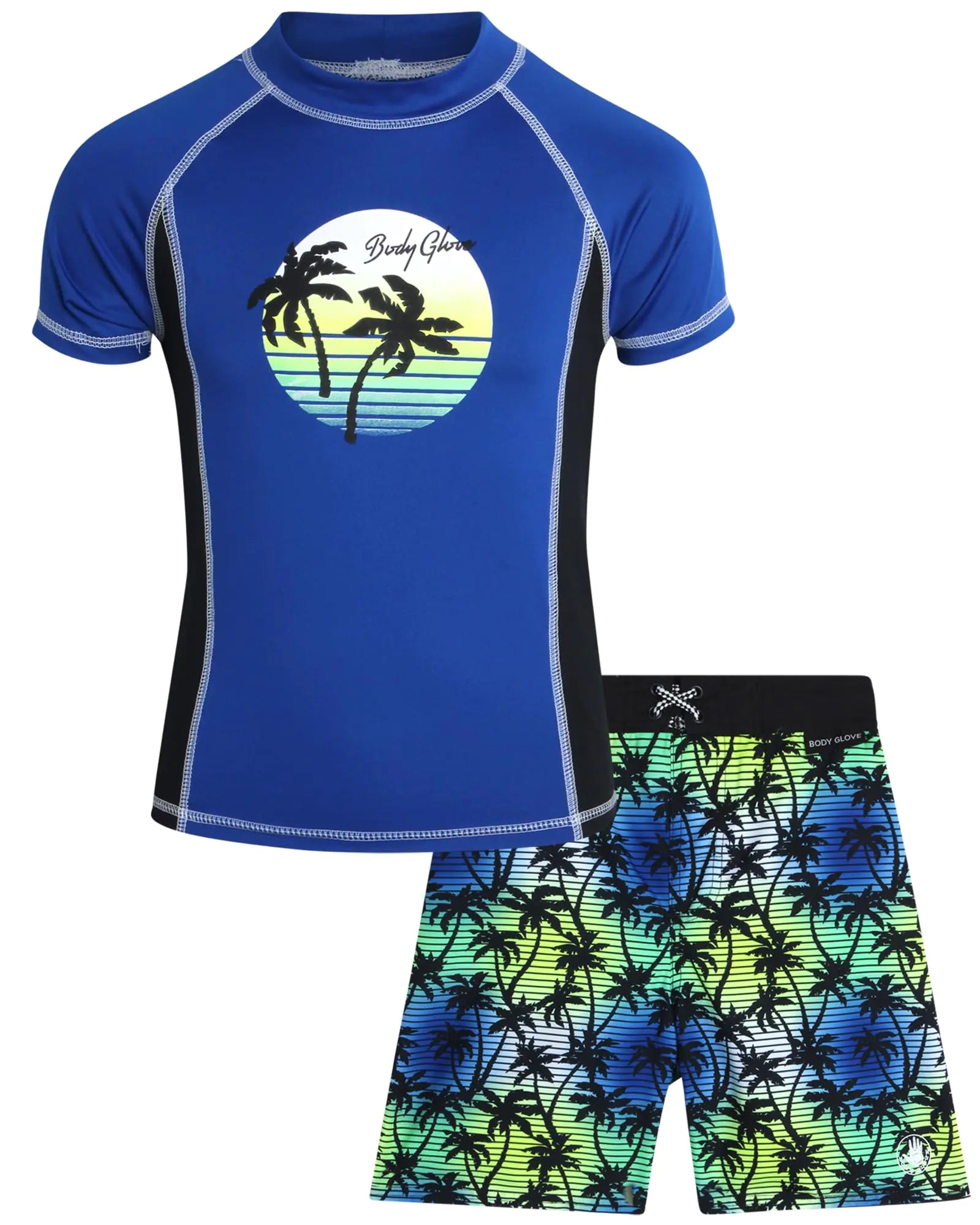Body Glove Boys’ Rash Guard Set – UPF 50+ Swim Shirt and Bathing Suit Trunks – Swimwear Set for Boys (4-12) Size 7 Royal Blue Palm Trees