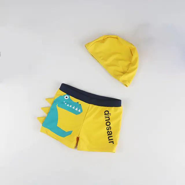 Cartoon Dinosaur Swim Trunks with Cap for Boys