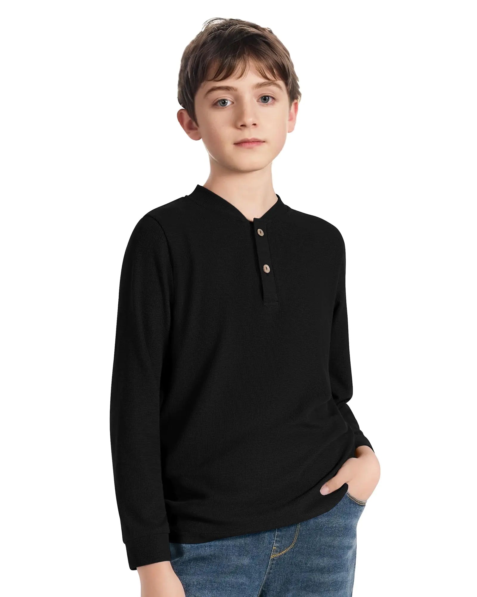 Boys' Cotton Henley Long Sleeve Tee – Black, 7–8 Years