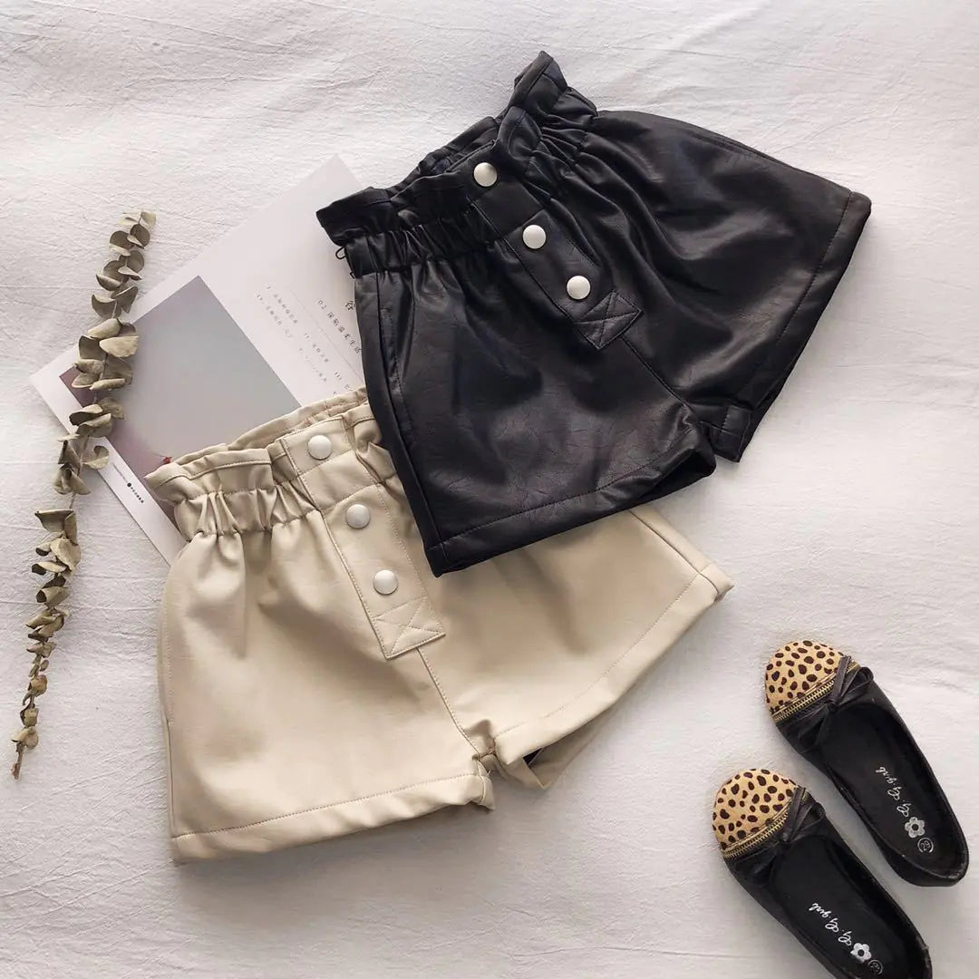 Girls' High Waist Leather Fleece-Lined Shorts
