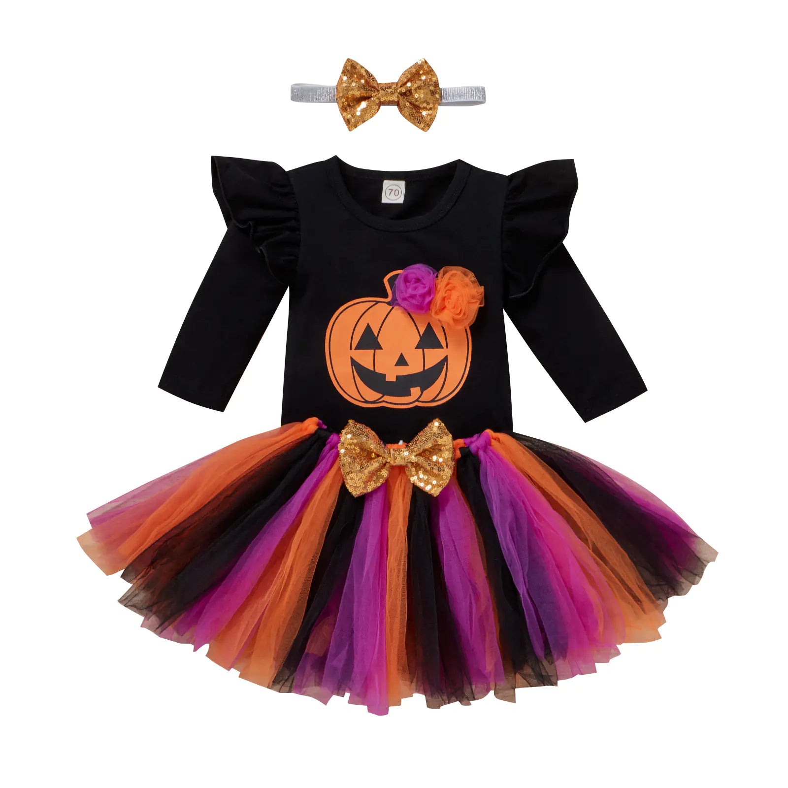 Girls' Pumpkin Smiley Romper & Mesh Skirt Set