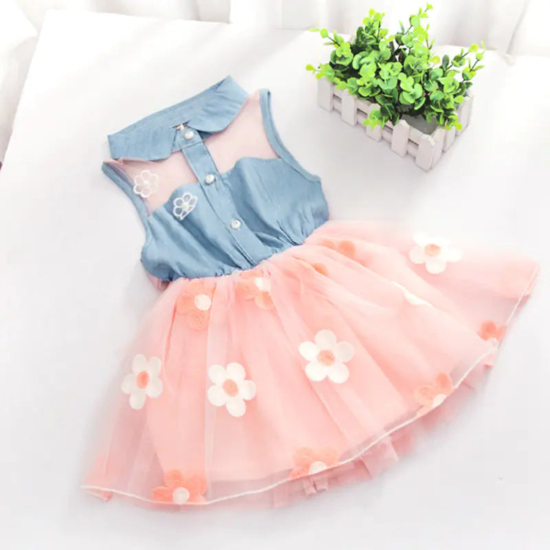 Girls' Summer Korean Denim and Flower Mesh Skirts