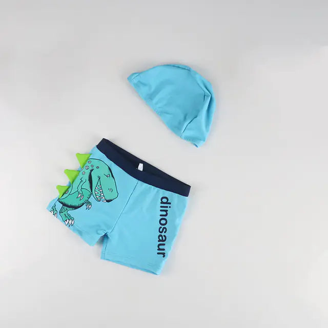 Cartoon Dinosaur Swim Trunks with Cap for Boys