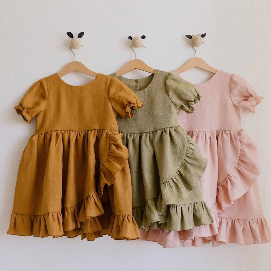 Girls' Cotton Linen Princess Dresses with Ruffles
