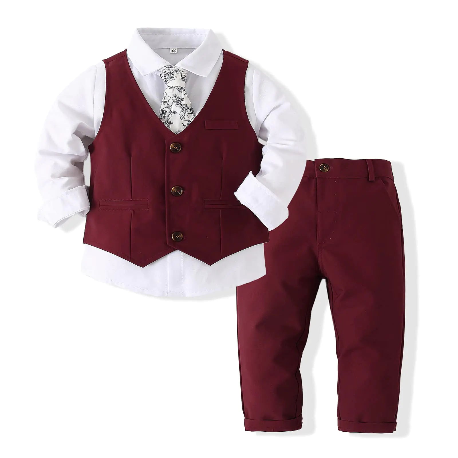 JasberBaby Boys 4-Piece Gentleman Suit Set with Bowtie for Toddlers 2-6 Years in Burgundy