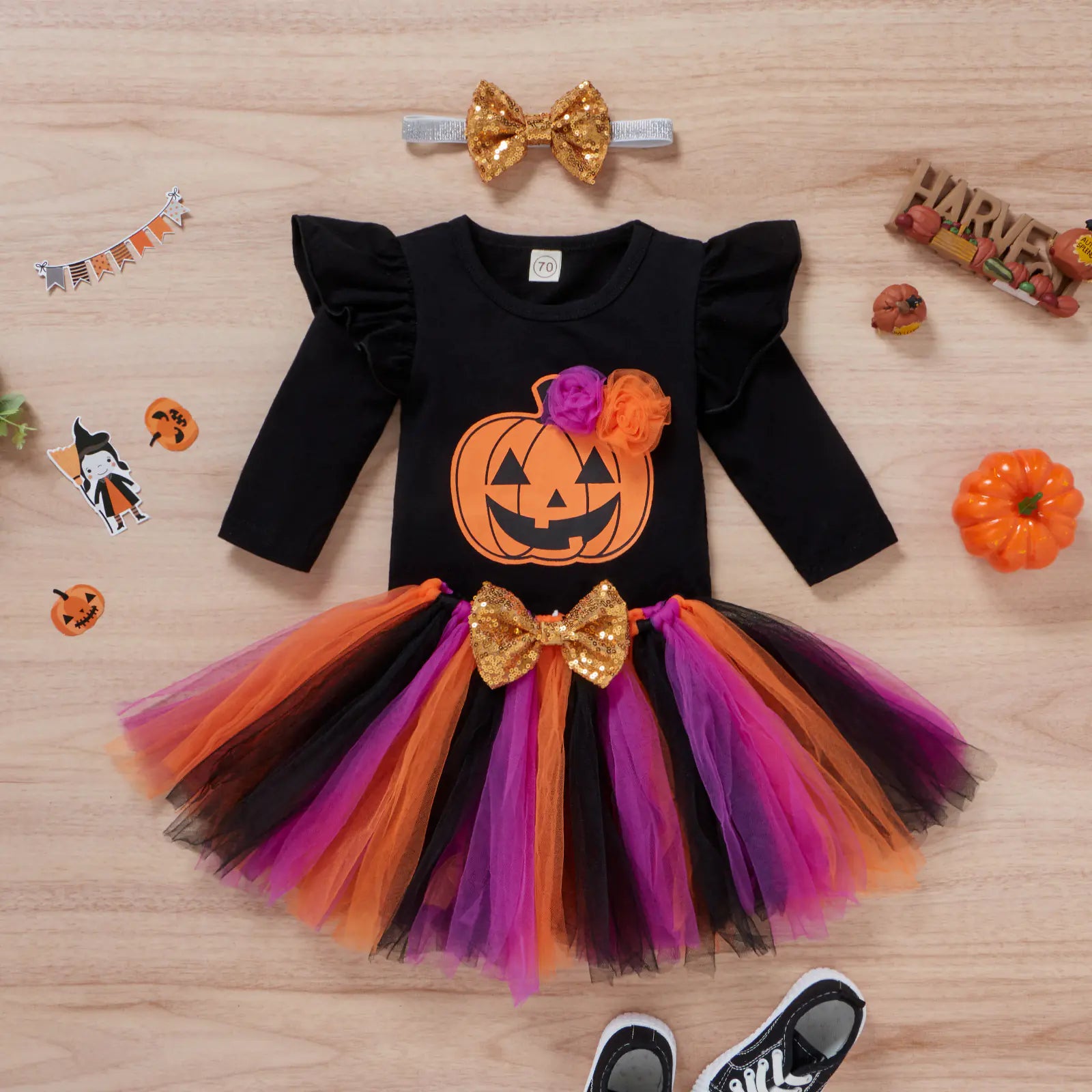 Girls' Pumpkin Smiley Romper & Mesh Skirt Set