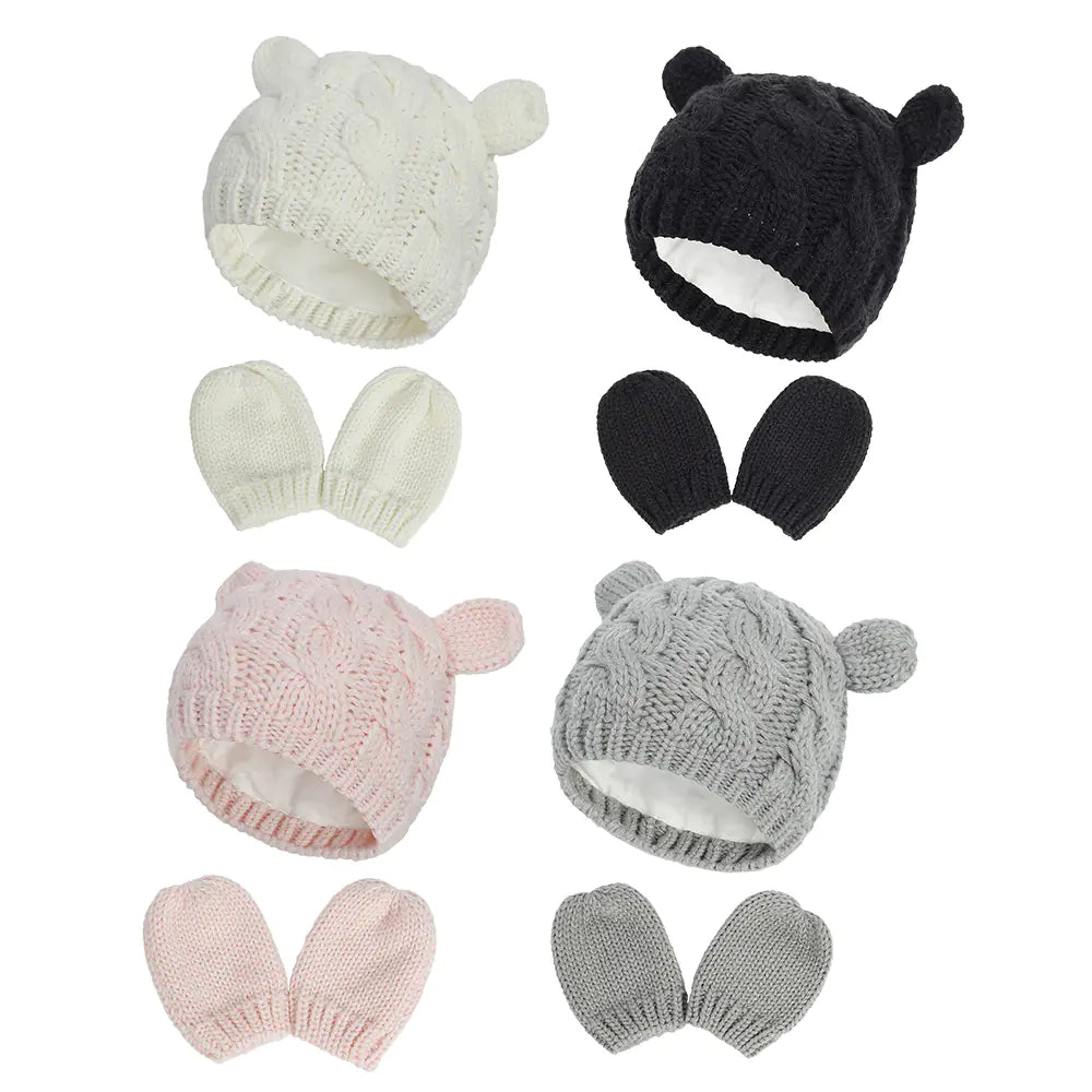 2-Pack Adorable Knitted Hat and Mittens Set for Babies