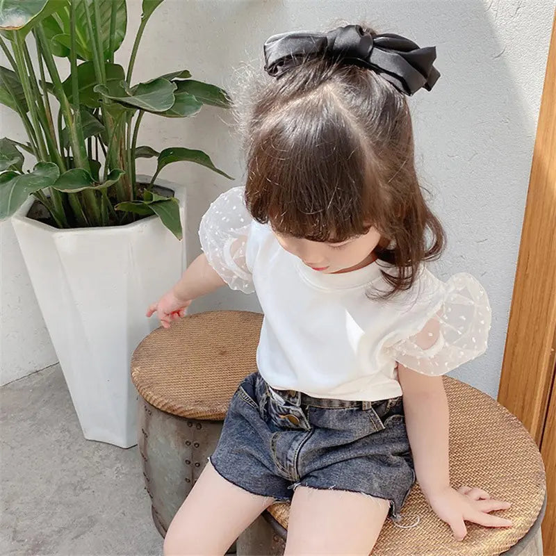 Girls' Cotton Flared Sleeve Polka Dot T-Shirt