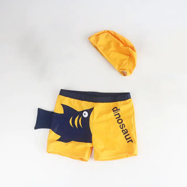 Cartoon Dinosaur Swim Trunks with Cap for Boys