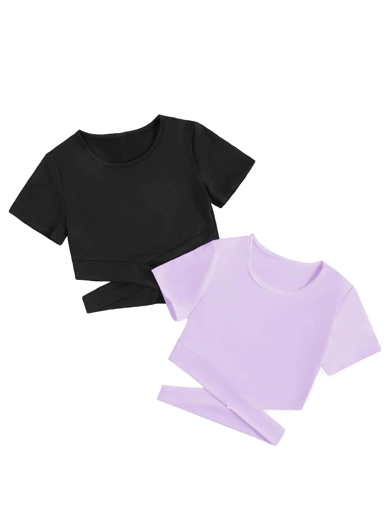 Milumia Girls 2 Piece Cut Out Crisscross Tee Crop Tops Short Sleeve Round Neck T Shirts Purple and Black 8 Years