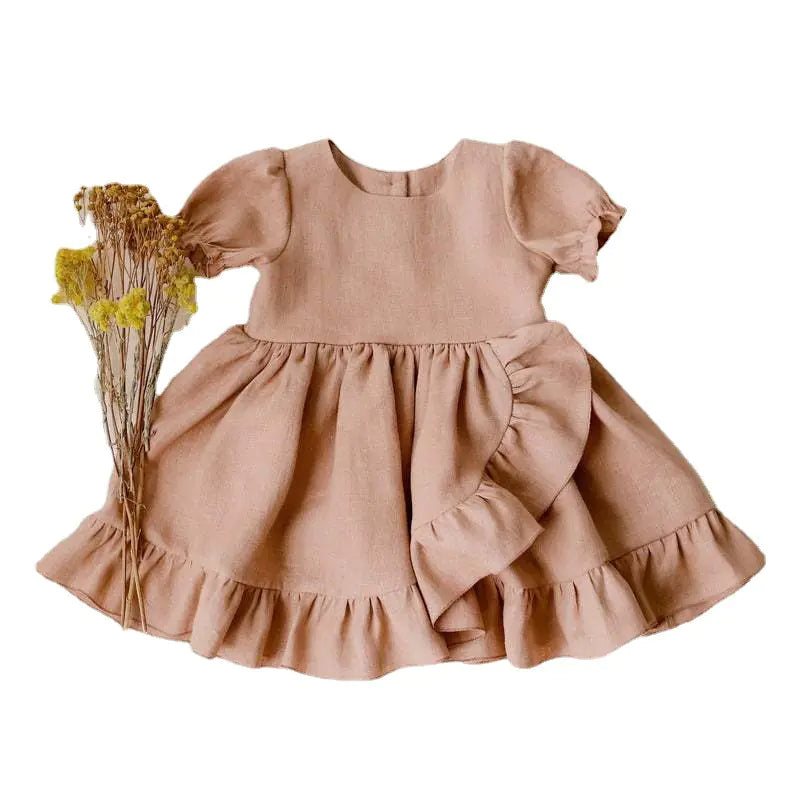 Girls' Cotton Linen Princess Dresses with Ruffles