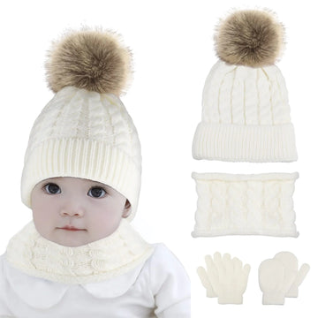 6PCs Baby Winter Warmth Set: Hat, Scarf, Gloves in White