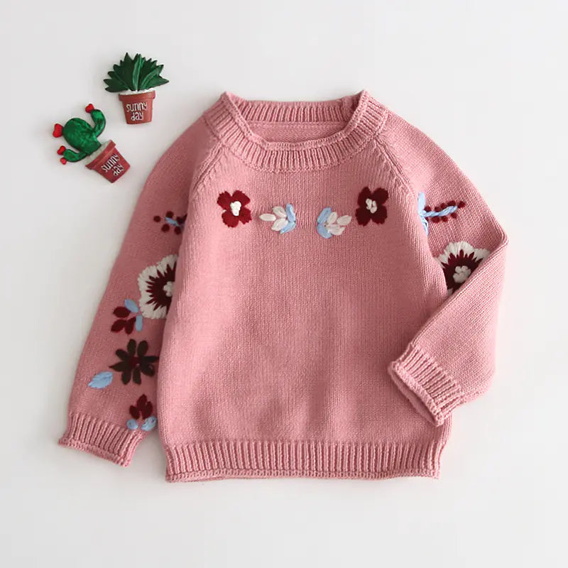 2019 Hand-Knit Floral Sweater for Baby Girls