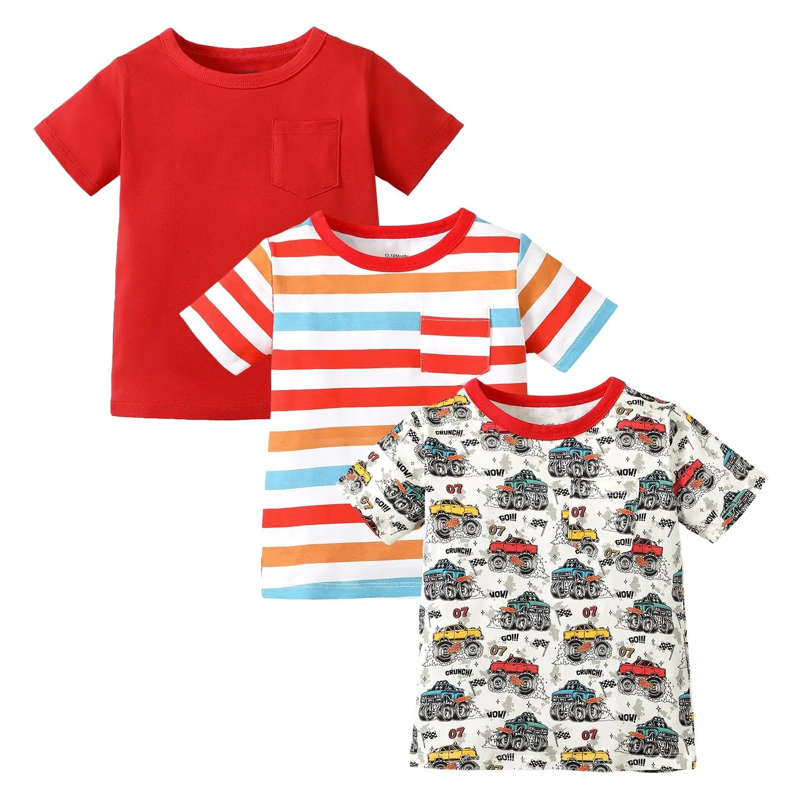 OPAWO Boys' 3-Pack Graphic & Striped T-Shirts - Monster Truck & Solid Red 4T