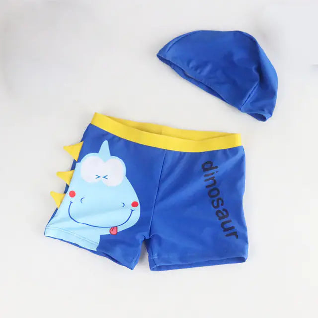 Cartoon Dinosaur Swim Trunks with Cap for Boys