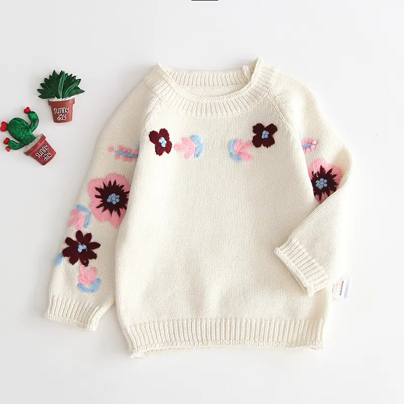 2019 Hand-Knit Floral Sweater for Baby Girls